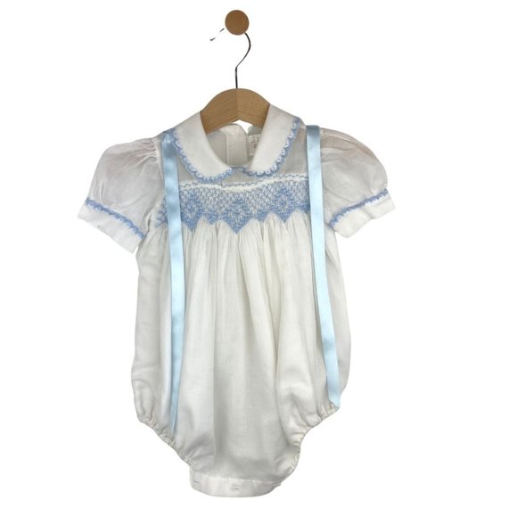 Vintage Linen Embroidery Baptism Onesie White and Light Blue 0-3 months - Picture 1 of 10